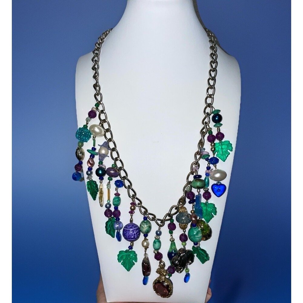 Chunky Artisan Charm Dangle Bib Mixed Materials Necklace Green Purple Blue